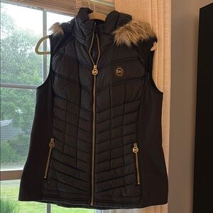 Michael Kors Black Quilted Puffer Vest with Gold Zipper L (w/detachable hood)